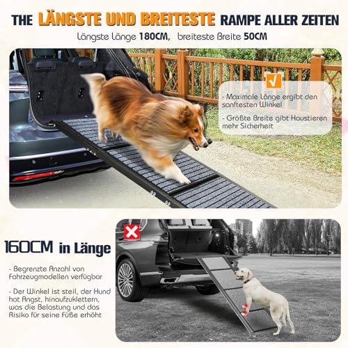 Extra Lang Hunderampe Auto Klappbar, Faltbar Rampe für Große Hunde mit Rutschfester Teppichoberfläche, Tragbare & Klappbare Hundetreppe Auto Einstiegshilfe für Große Hunde (180cm Lang × 50cm Breit)
