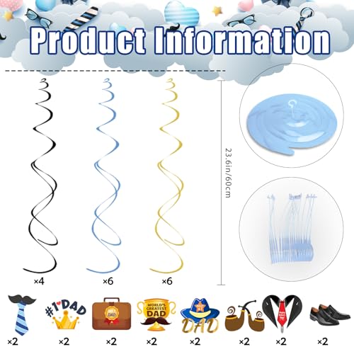 Image of 32Pcs Father's Day Hanging Swirl Decorations, Double-Sided #1 Dad Cutouts and Foil Streamers, Blue Gold Best Dad Ever Party Supplies for Home Office Indoor Covered Outdoor