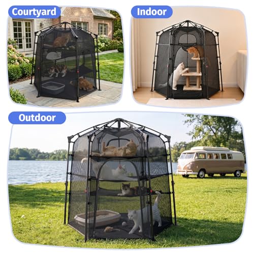 Image of Catio Outdoor Cat Enclosure Pop up Cat Tower Tent Cat Playpen w /Breathable Mesh Portable Catio Kitten Pet Animal Play Pen Indoor Enclosed Kitty Patio Balcony Camping(Hexagonal,XL)