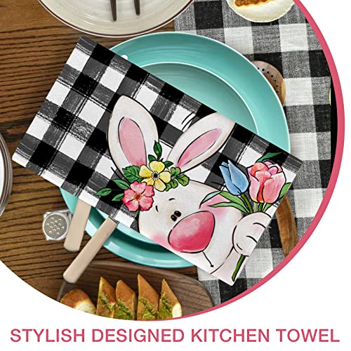 Seliem Bunny Rabbit Ear Kitchen Dish Towel 2 Packs, Black White Buffalo Plaid Check Eggs Tea Bar Hand Drying Baking Cloth, Flower Happy Easter Farmhouse Holiday Decor Home Decorations 18 X 28 Inches #TOP4