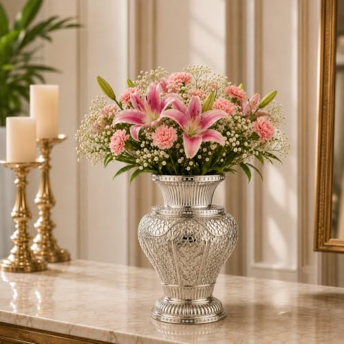 Image of Silver Plated Aluminium Flower Vase | Embossed Vase for Fresh & Artificial Flowers | Luxury Table Centerpiece | Living Room, Office, Hotel & Home Decor | Ideal Gift (9 x 6) inch