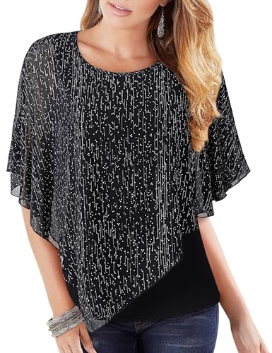 Lotusmile Women's Lightweight Flowy Shirt Double-Layered Printed Chiffon Poncho Blouse Top