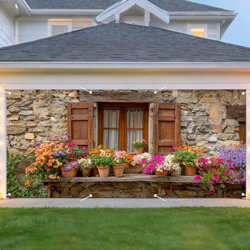 Nuxovilar Stone House Window Garage Banner 157x70 Inches Polyester