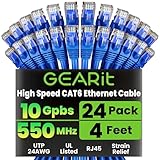 GEARit Cat 6 Ethernet Patch Cable 4 ft Blue (24-Pack Cat6 Ethernet Patch Cables 4ft), Cat 6 High Speed 24AWG 10Gbps RJ45 Snagless Gold-Plated, Ethernet Cable for Router, Switch, PC, PS5 Gaming, Server