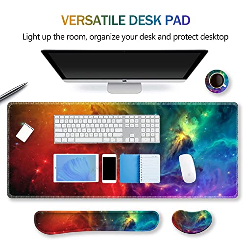 Image of ARTSO Extended Gaming Mouse Pad Set, Keyboard Wrist Rest Support Pad + Wrist Cushion + XXL Large Mouse Pad + Coaster, Stitched Edge, Non-Slip, Memory Foam Desk Mat, Color Nebula Galaxy