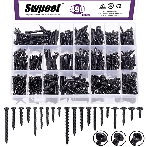 Swpeet 490Pcs #4# 6# 8 Zinc Plated Steel Wood Screws Assortment Kit, Self Drilling Screws Drywall Scews Wood Screws