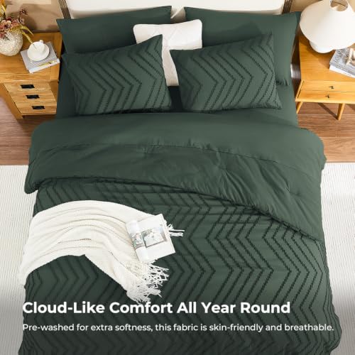 Image of Litanika Forest Green Queen Size Comforter Set with Sheets - 7 Pieces Bed in a Bag Queen Boho Tufted Complete Bedding Sets with Comforter, Sheets, Pillowcases & Shams