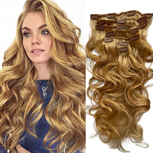 Body Wave Clip in Hair Extensions Human Hair 7 Pieces 70g Clip On Extensions Stawberry Blonde Wavy Weft Remy Real Hair 18 Inch