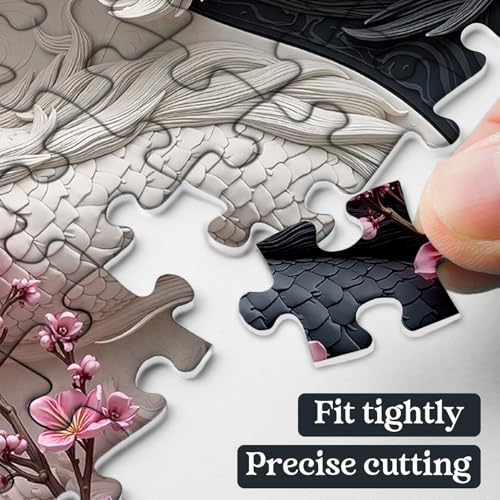 Yin Yang Dragon Puzzles para adultos 1000 piezas, dragones duales blanco y negro con flores de cerezo, rompecabezas floral animal fantasía miniatura 3