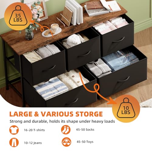 Somdot Dresser for Bedroom with 5 Drawers, Wide Storage Organizer Chest of Drawers with Fabric Bins for Living Room Closet Kids Bedside Nursery Laundry Entryway, Black Rustic Brown - Image 5