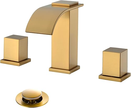 Grifos de lavabo de baño en cascada de 3 agujeros, 2 manijas de 8 pulgadas, con montaje de drenaje emergente, (latón cepillado dorado)
