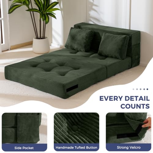 Image of MAXYOYO Convertible Sofa Bed, Fold Out Sofa Couch with Pillow for Adults | Loveseat Sofa 4 in 1 Tufted Folding Couch Bed Foam Floor Couch, Lazy Chair for Living Room Bedroom Guest Room, Dark Green