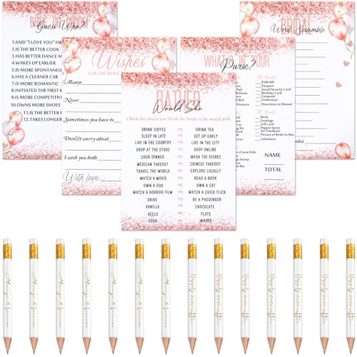 Maxdot 220 Pieces Bridal Shower Game Set 5 Sets (40 Cards Each) Wedding Game Cards and 20 Pieces Pencils Printed Words Editable Bride Groom Wedding Bachelorette Engagement Party Supplies(Pink Balloon)