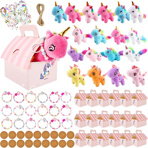 Flahard 173 Pcs Unicorn Party Favors Include 18 Mini Plush Unicorn Keychains 18 Boxes 18 Bracelet 18 Cards 100 Stickers and 5m Rope for Adopt a Unicorns Party Favors Birthday Gifts