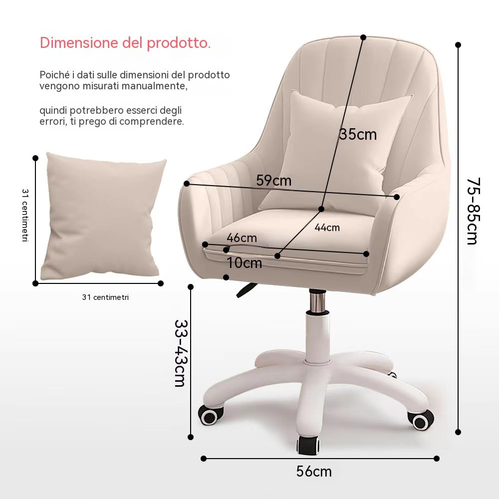 Sedia da Ufficio per Casa - Sedia Girevole Moderna con Schienale Medio Imbottito, Sedia da ufficio trucco,Trapuntata, Altezza Regolabile, Dettaglio Velluto - Adatta per Camera da Letto o Studio