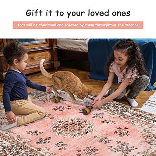 Lahome Persian Machine Washable 5X7 Area Rug,Soft Large Pink Boho Living Room Rug For Bedroom Girls Nursery Mat,Ultra-Thin Non-Slip Playroom Dining Carpet For Home Door Office Kid Room, Peach #TOP7