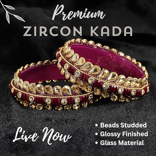 Image of NMII Glass Golden Zircon Stone & Kundan Beads Kada Set For Women & Girls | Fancy Design Kada Bangles | Traditional Look Kangan | Glass Bangles For Women Wedding, Party, Function, Daily use