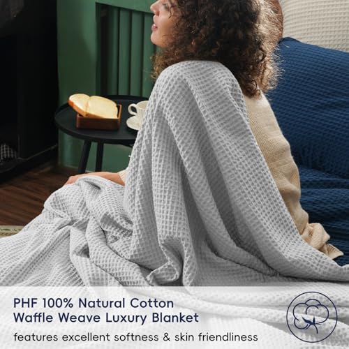 Image of PHF 100% Cotton Waffle Throw Blanket Lightweight Breathable, Light Grey