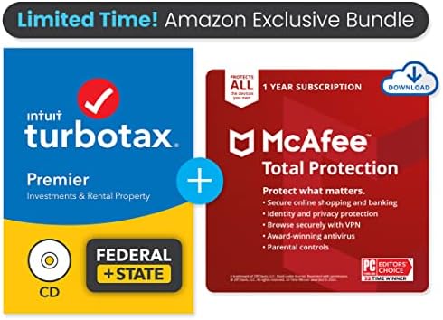 TurboTax Premier 2021 Tax Software | Federal and State [PC/Mac Disc] | PLUS McAfee Total Protection | Unlimited Devices | Antivirus Internet Security Software [PC/Mac Download Code] | AMAZON EXCLUSIVE BUNDLE