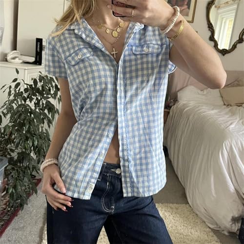 Image of Y2k Girls Vintage Coquette Button Down Shirt Women Short Sleeve V-Neck Slim Fitted T-Shirt Cute Blouse Crop Top