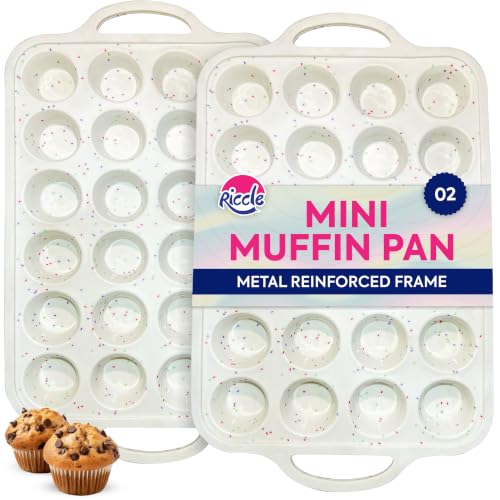 RICCLE 2 Pack Silicone Mini Muffin Pan with Metal Reinforced Frame 24-Cup Mini Cupcake Pans Mini Muffin Silicone Molds Silicone Muffin Pans for Baking - Oven & Dishwasher Safe BPA-Free