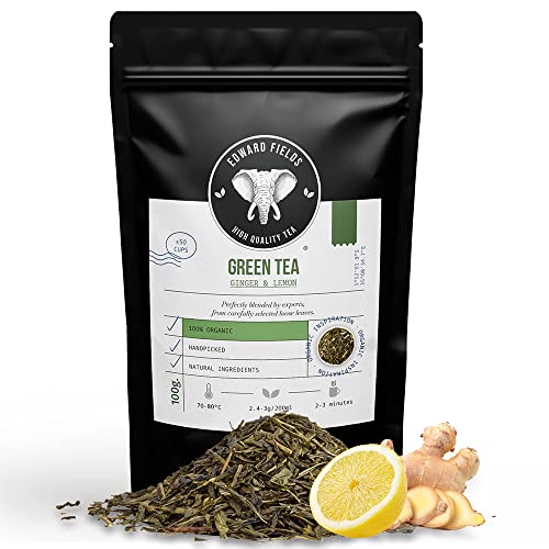 Edward Fields Tea ® - Té verde orgánico a granel con Jengibre y Limón. Té bio Sencha recolectado a mano con ingredientes y aromas naturales y ecológicos, China. 100g / 50 tazas