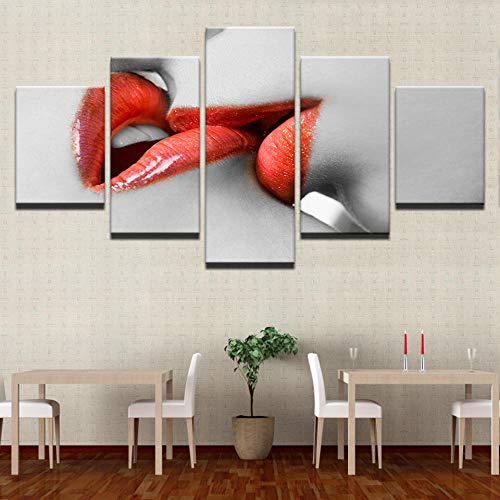 SFDHG 5 Panneau Mural Femme Rouge Pstick PS Rouge Kiss Tableaux Decor muraleparties Tableau decorationdomicile décoration Salon-No Frame-110x60Cm Cover