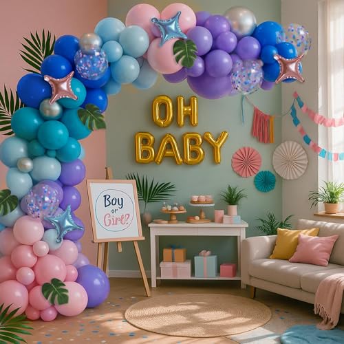 Image of 148pcs Stich Blue Purple Pink Balloon Arch Garland Kit Silver with Palm Leaves Foil Star for Hawaii Tropical Cartoon Summer Pool Theme Party Gender Reveal Decorations (Pack of 2)