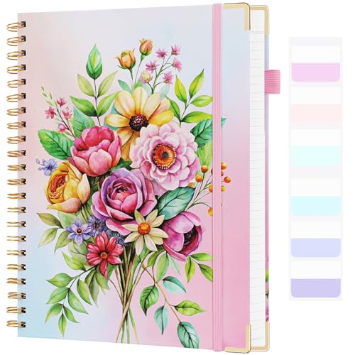 College Ruled Notebook, Hardcover Spiral Notebook 8.5" x 11", Lined Journal Notebook for Women Girls, A4 Large Notebooks for Writing, Pretty Journal Flower Notebook for Work, Diary, 24 Tabs, Rose