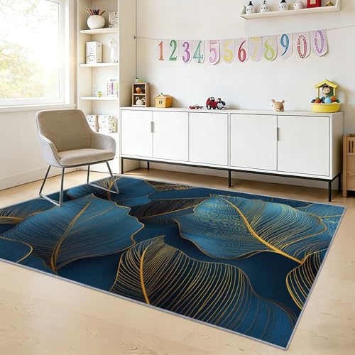 Tapis salon doux antidérapant lavable impression 3D feuilles bleues 140x200cm moderne