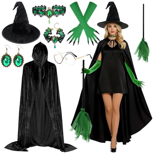TOYTOPIE Witch Costume Set for Women Carnival Cosplay Outfit with 150cm Hooded Cloak Witch Hat Broom Glasses Jewellery Nail Gloves Accessories for Halloween Carnival Cosplay Fancy Dress Party