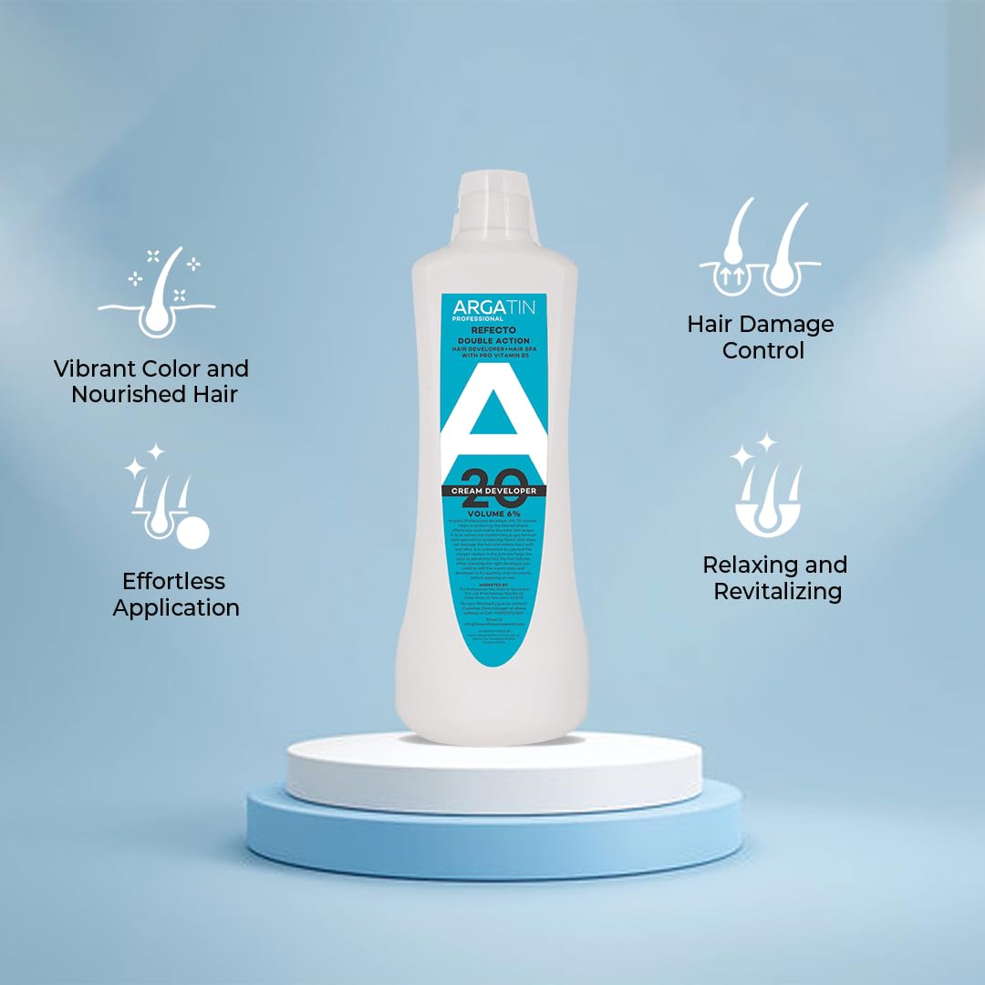 Argatin Professional Refecto Hair Color Developer 20 Volume (6%) – Cream Developer with Pro Vitamin B5 – Double Action Formula for Rich, Long-Lasting Hair Colour – 1000ml 1