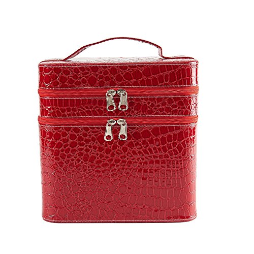 Bestland PU Kosmetiktasche Double-Layer Dual Reißverschluß Pinseltasche Makeup Koffer Schminkkoffer Schmuckkoffer Friseurkoffer mit Große Organizer Lagerung (Rot) Cover