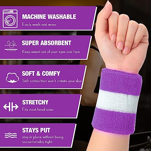 Image of Eurzom 36 Pcs Neon Sports Sweatbands Set Include 12 Striped Sweat Absorbing Headbands 24 Wristbands Athletic for Men Women Basketball Tennis Running Glow Party