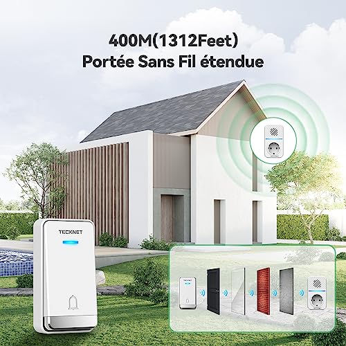Sonnette sans fil auto-alimentée TECKNET avec carillon étanche IP65 et lumière LED