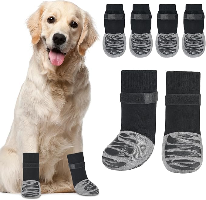 Image of KUTKUT 4Pcs Non-Slip Socks for Indoor Flooring to More Grip Dog Grip Socks of Senior Dogs Indoor Outdoor Adjustable Dog Paw Protectors for Injury Tiger Stripe (Size: M: L*W : 16 * 6cm)