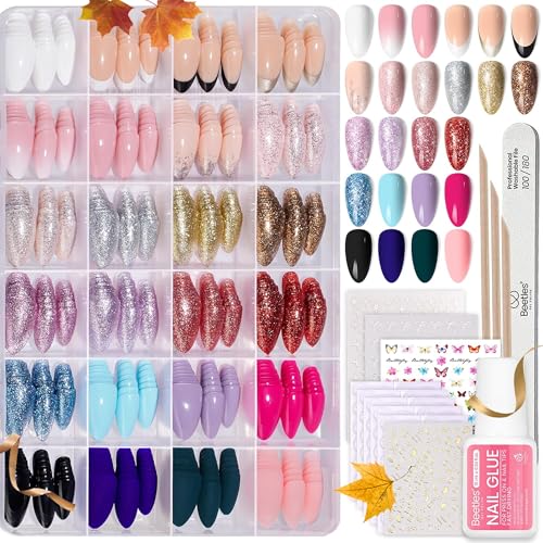 Beetles Press on Nails Kit 720Pcs 24 Colors, Press on Nails Short Almond Glossy Matte Glitter With Nail Glue & Nail Tabs Stickers, Natural Fit Lightweight Fake Nails Kit Art For Women Girls