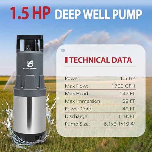 Image of FLUENTPOWER Deep Well Submersible Water Pump, 1.5HP 1700GPH, 147' Head, Automatic On /Off Water Pump with 49ft Cord, Stainless Steel, for Garden Home Watering and Farmland Irrigation