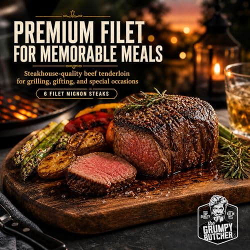 Image of Grumpy Butcher Large Filet Mignon Steaks, 6 Pack, 3 lb | 8 oz Each, USDA Top Choice, tender beef tenderloin, mild buttery flavor