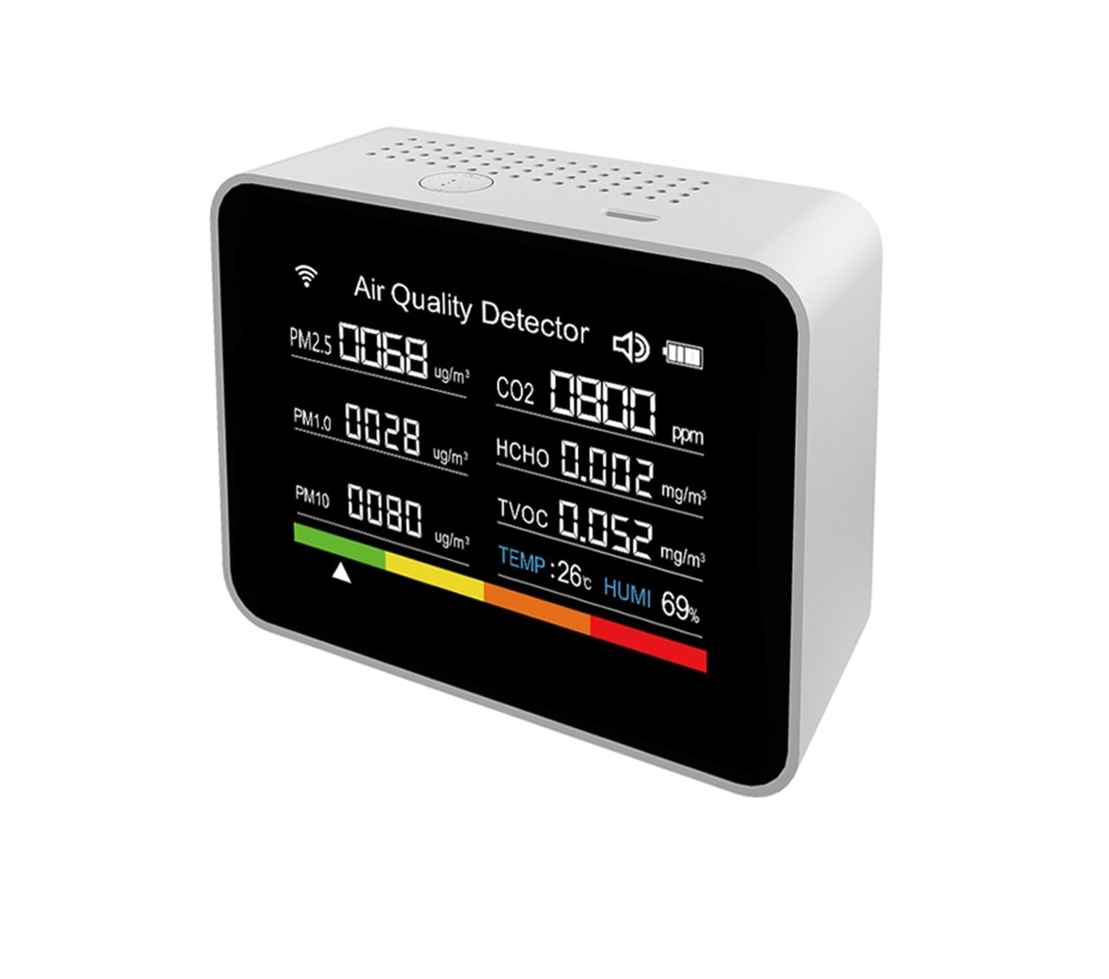 Misuratore Qualità dell'aria, Tester di qualità 'aria 13in1 CO2/TVOC/HCHO/PM2.5/PM1.0/PM10/Temperatura/Umidità/Ora/Data/Allarme/Timer/Cronometro Misuratore di CO2 per Casa Cucina Ufficio Auto(White)
