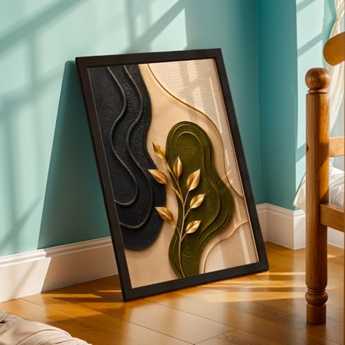 Image of NoWorries 3D Abstract Botanical Wall Painting with Frame Set of 1 | Premium Textured Gold Leaf Artwork, Modern Black Green Beige Nature Wall Decor for Living Room, Bedroom, Office and Home Decoration (3d Art-19,13x19inch)