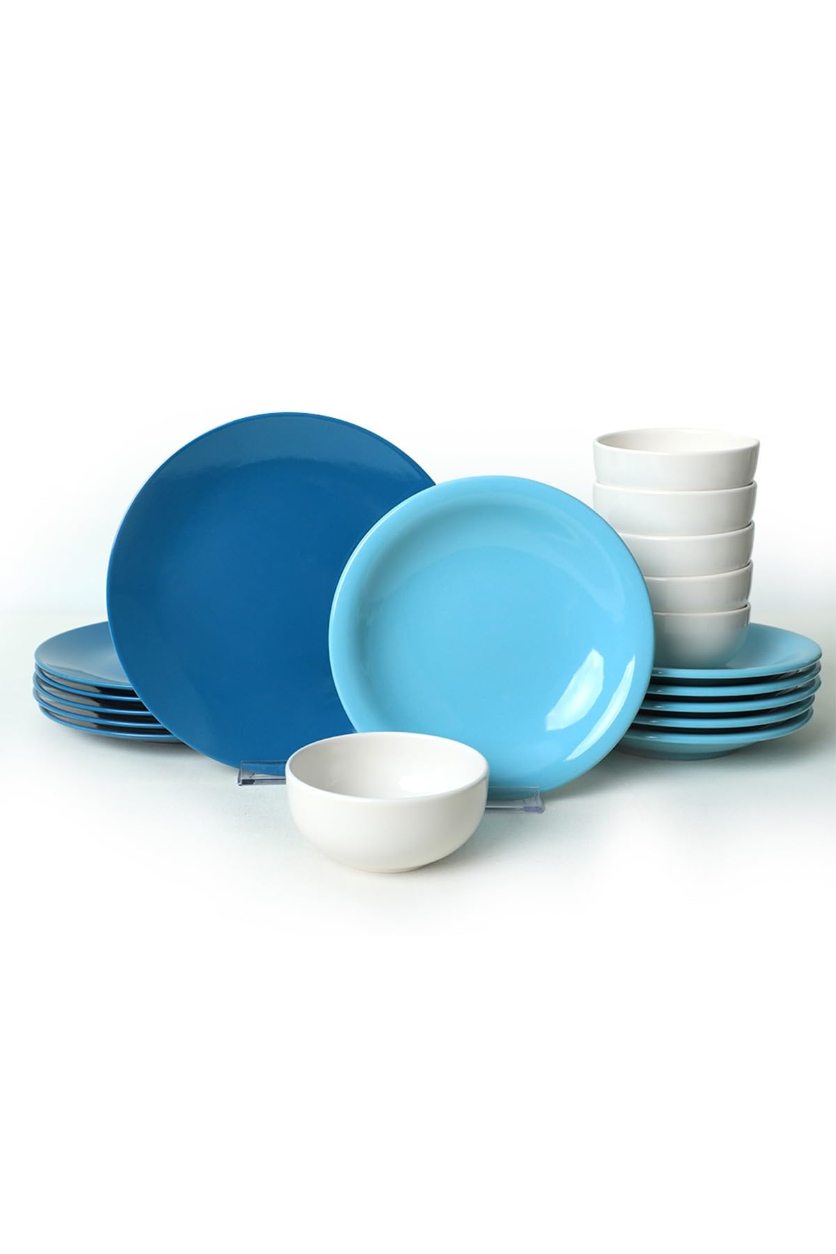 Élégant ensemble de dîner en céramique 18 pièces, bleu et blanc, 100% antibactérien, facile à nettoyer, résistant aux chocs thermiques, passe au lave-vaisselle et au micro-ondes, parfait pour toutes