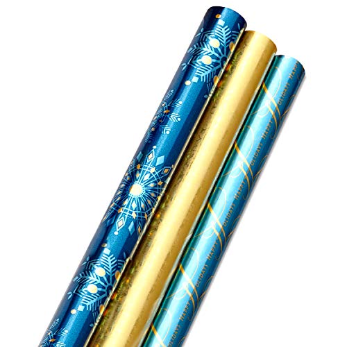 Hallmark Foil Holiday Wrapping Paper with Cut Lines on Reverse (3 Rolls: 60 sq. ft. ttl) Elegant Navy Blue and Gold for Christmas, Hanukkah, Weddings, Graduations