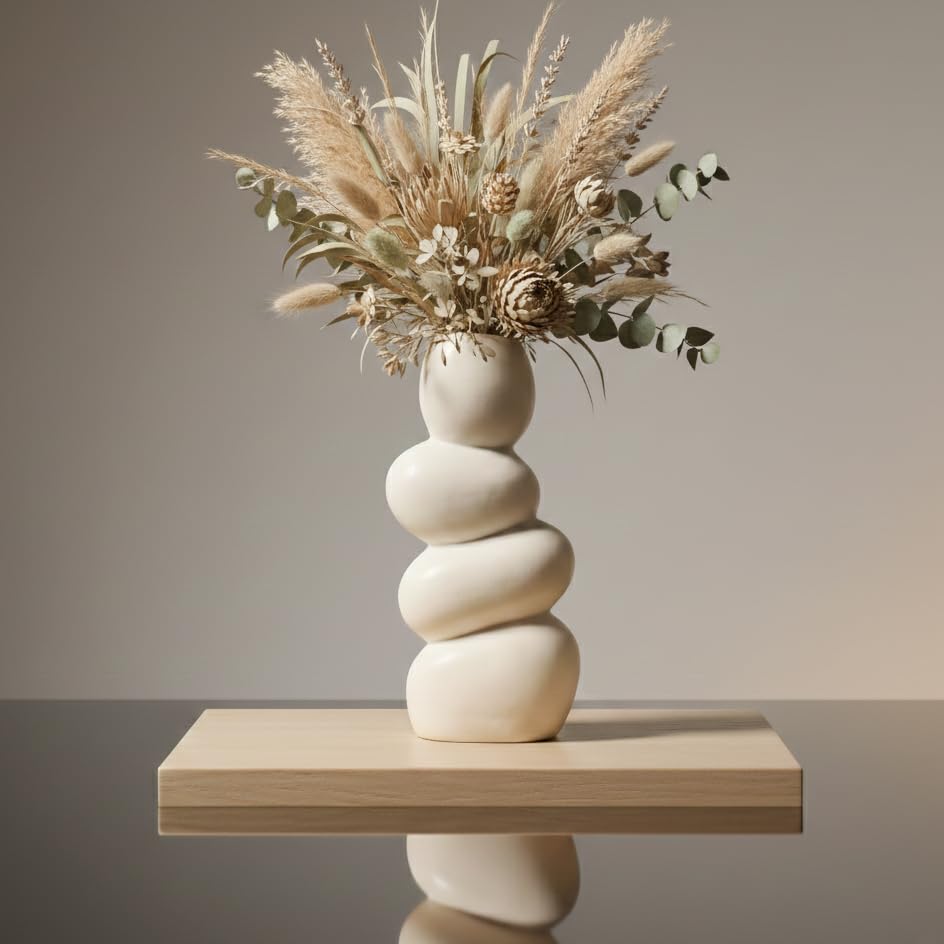 zynkraft Ceramic Stone Vase for Home Decor - 8 Inch Large Ceramic Vase for Pampas Grass, Abstract Bubble Stacked Pebble Design, Minimalist Ceramic Vases for Flowers
