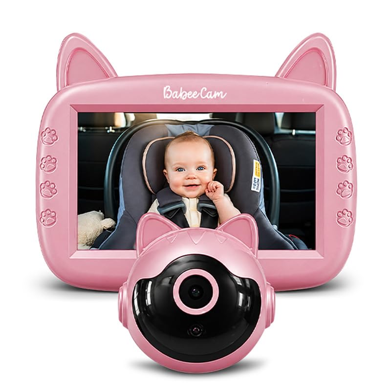 Beeper BABEECAM 1 - Cámara de Coche para bebé con Pantalla de 4,3 Pulgadas, visión Nocturna automática, cámara de Gato para Asiento Trasero, vigilancia de bebé en Coche, fácil instalación, Color Rosa