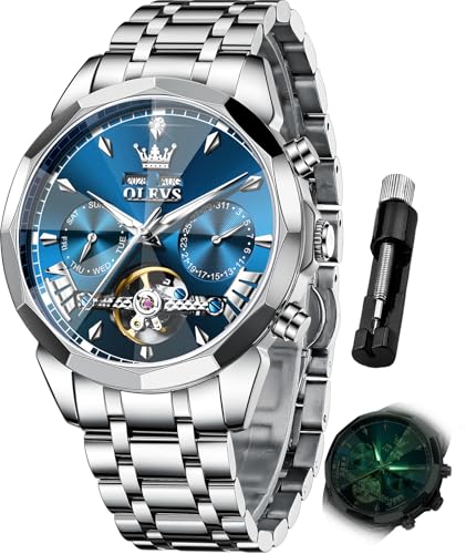 Image of OLEVS Men Automatic Watch Diamond Skeleton Mechanical Luxury Self Winding Moon Phase Calendar Waterproof Wrist Watch for Men