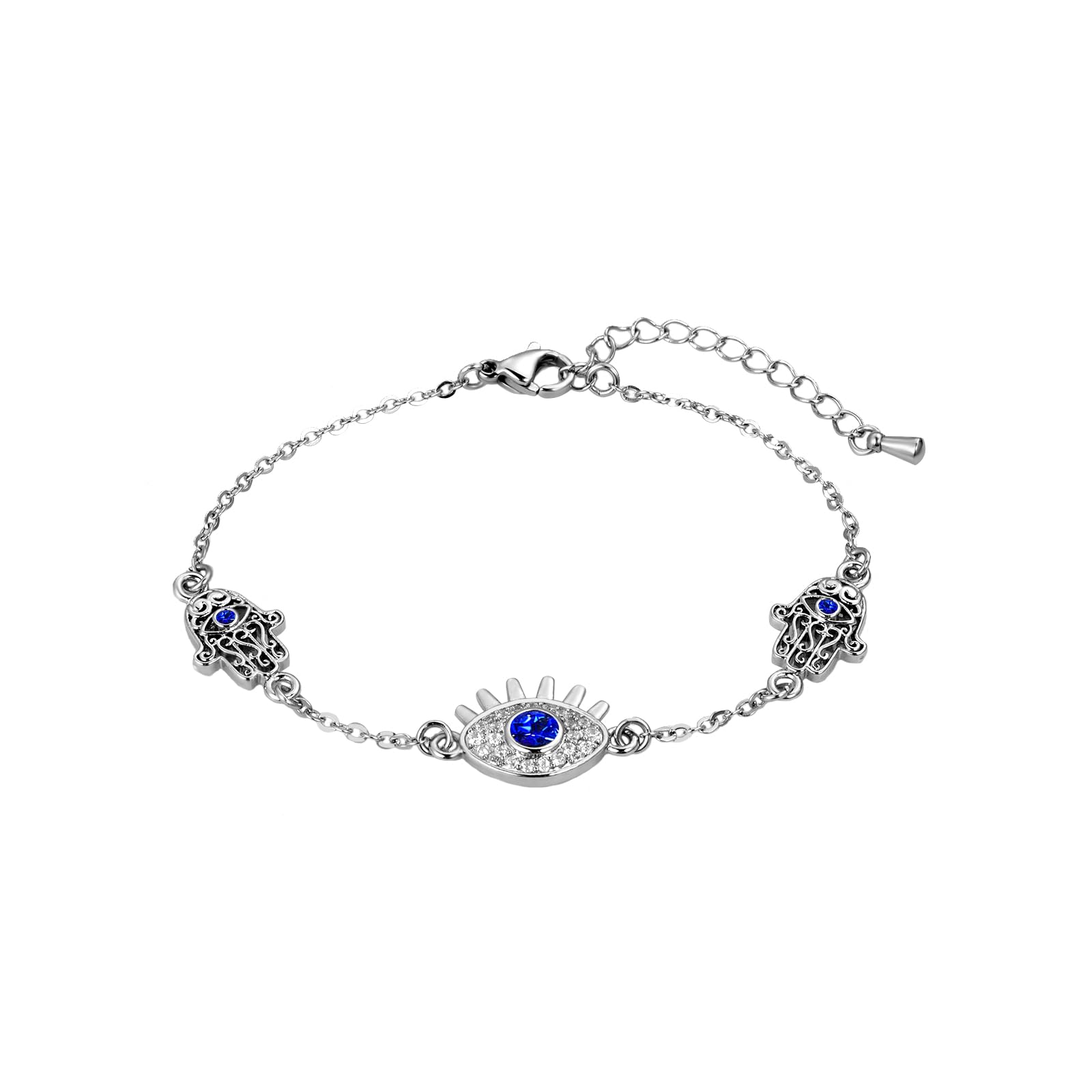 ZakiaHo Blue Evil Eye Fatima Hamsa Hand Bracelet for Women Stainless Steel Adjustable Dainty Jewelry Christmas Birthday Gifts for Her