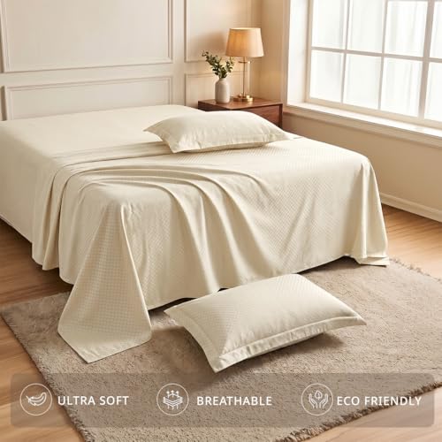 Image of LANE LINEN 400TC 100% Cotton Micro Check King Size Bedsheet - Ivory
