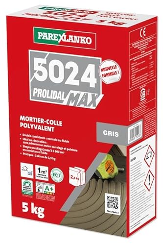 PAREXLANKO - Colle à carrelage à double consistance (C2 ET/EG) - 5024 PROLIDAL MAX - Pour pose de céramiques et pierres naturelles - Grands Formats jusqu'à 3600 cm² - Pose sans primaire - Gris - 5kg