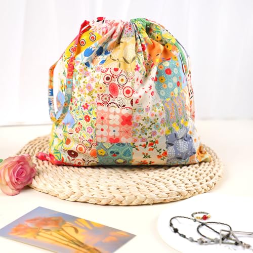 Vintage Floral Drawstring Makeup Bag,Toiletries Travel Bag Organizer with Durable Cotton Fabric Retro Coquette Aesthetic Cosmetic Pouch for Women Girls Pouches for Jewelry (Multi-colored floral grid)2